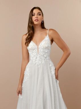 Azazie White Lace Appliqué V-Neck Spaghetti Strap Gown